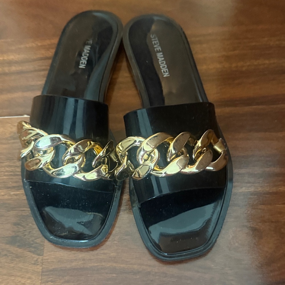 Steve Madden Black Patent Slide Mules with Gold Chain Accent